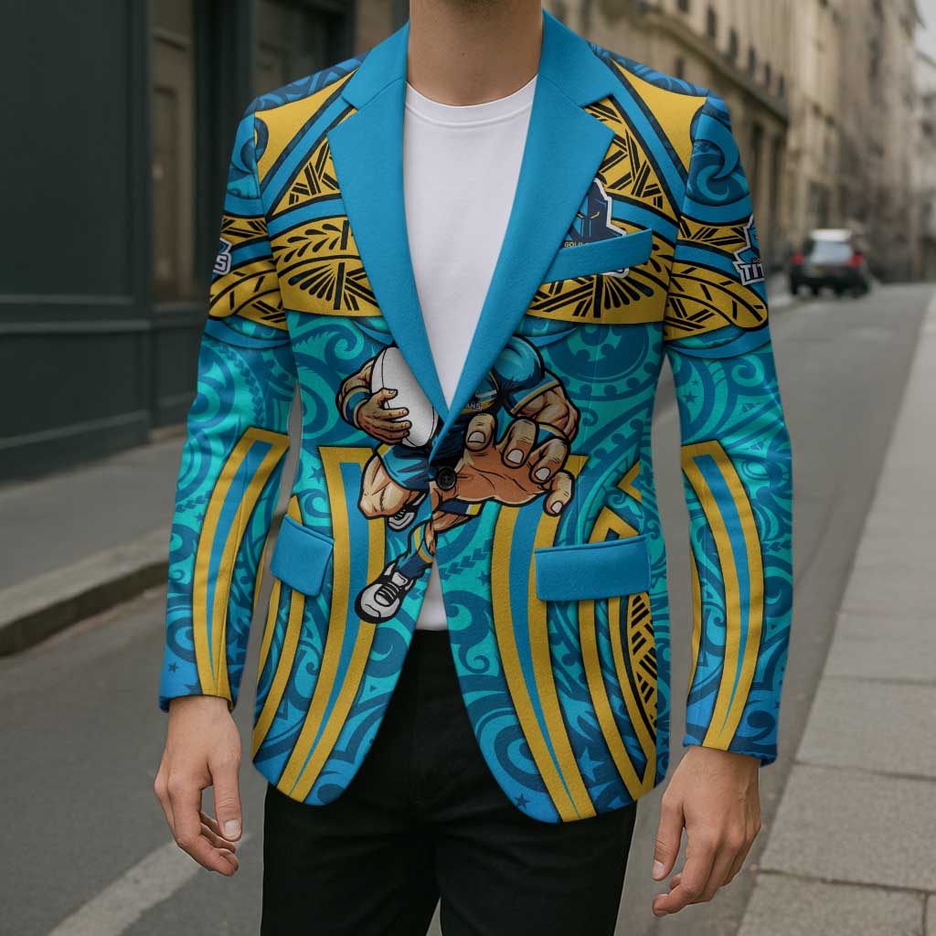 Gold Coast Titans Rugby Blazer Polynesian Tribal Spartan Warrior Blue Gold Pattern