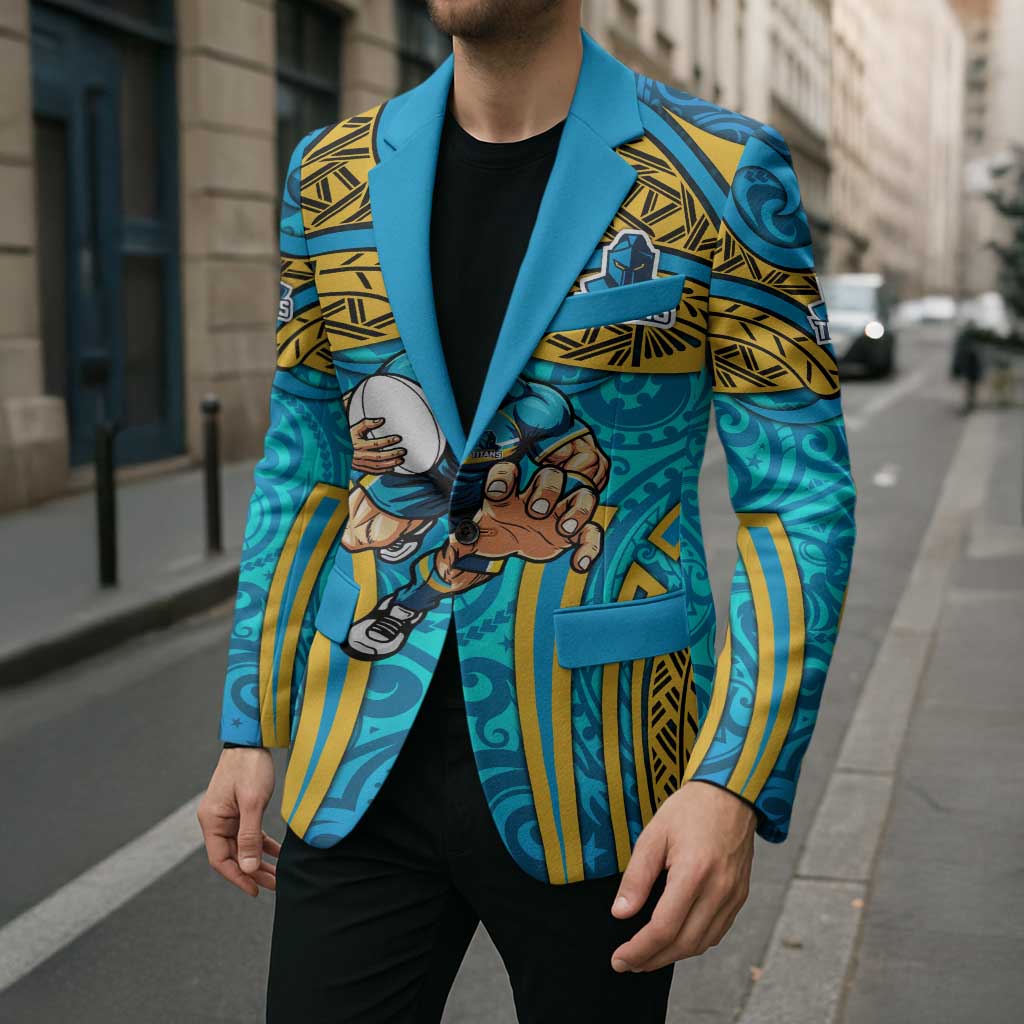 Gold Coast Titans Rugby Blazer Polynesian Tribal Spartan Warrior Blue Gold Pattern