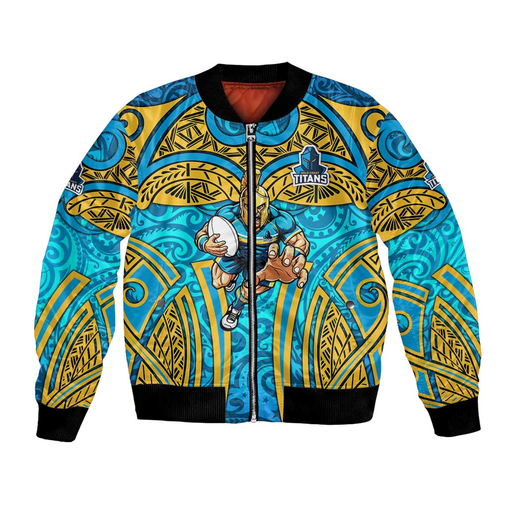 Gold Coast Titans Rugby Bomber Jacket Polynesian Tribal Spartan Warrior Blue Gold Pattern