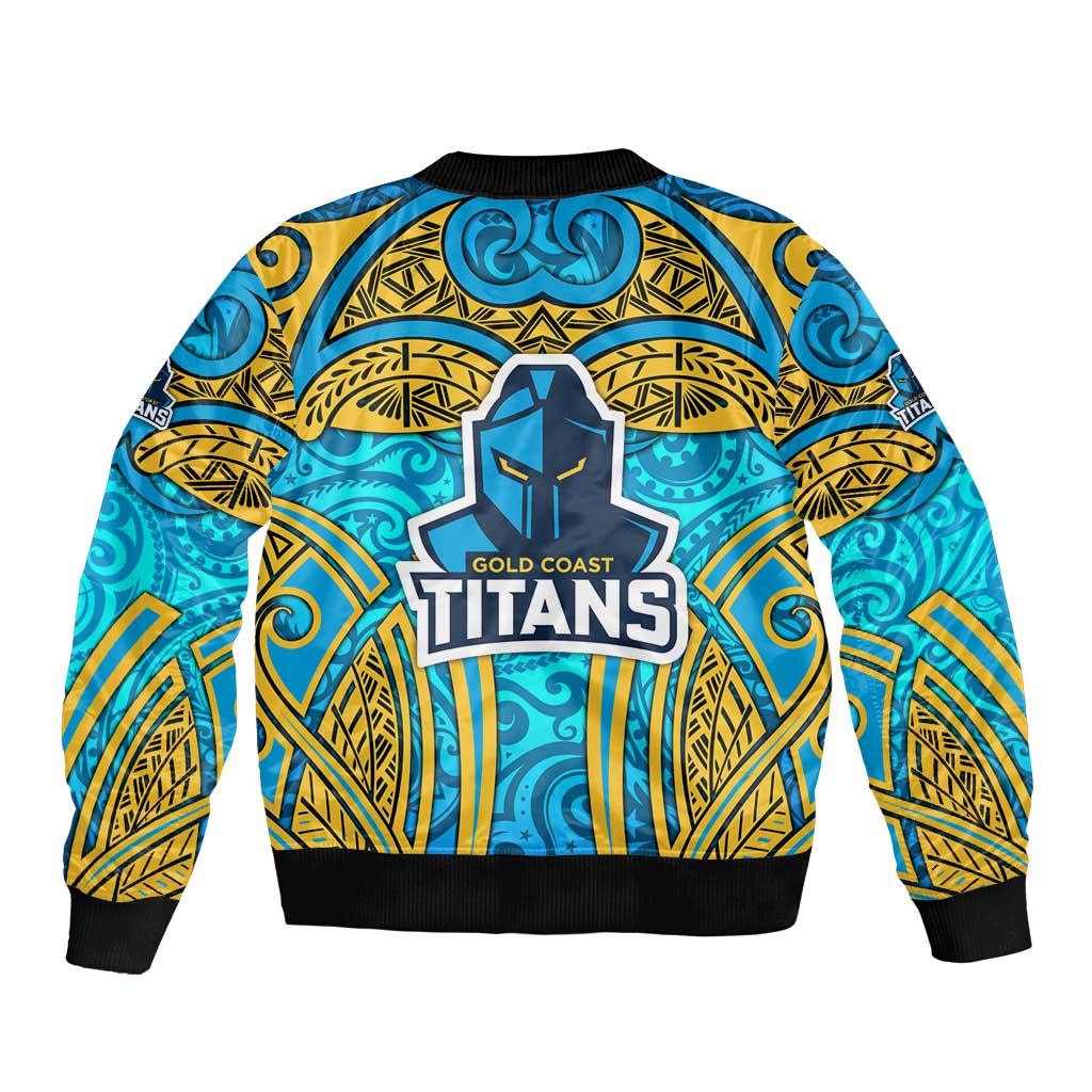 Gold Coast Titans Rugby Bomber Jacket Polynesian Tribal Spartan Warrior Blue Gold Pattern