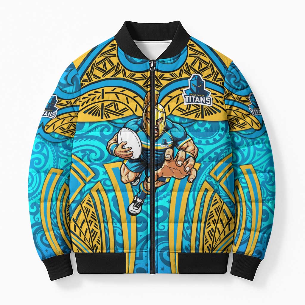 Gold Coast Titans Rugby Bomber Puffer Jacket Polynesian Tribal Spartan Warrior Blue Gold Pattern