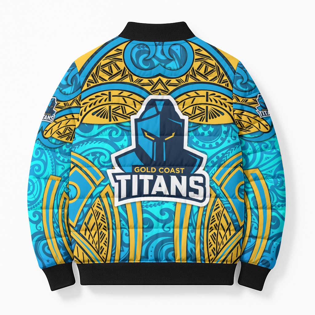 Gold Coast Titans Rugby Bomber Puffer Jacket Polynesian Tribal Spartan Warrior Blue Gold Pattern