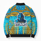 Gold Coast Titans Rugby Bomber Puffer Jacket Polynesian Tribal Spartan Warrior Blue Gold Pattern