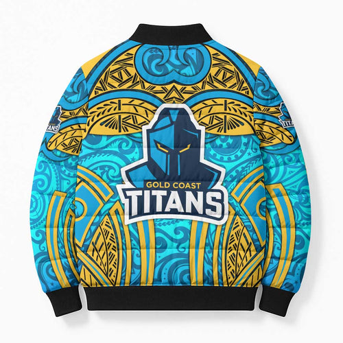 Gold Coast Titans Rugby Bomber Puffer Jacket Polynesian Tribal Spartan Warrior Blue Gold Pattern