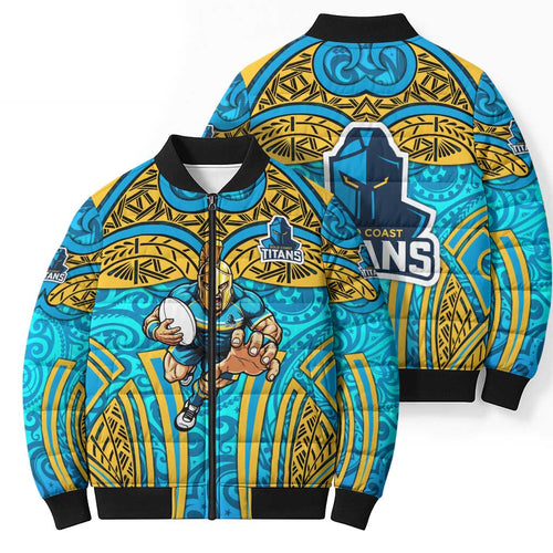 Gold Coast Titans Rugby Bomber Puffer Jacket Polynesian Tribal Spartan Warrior Blue Gold Pattern
