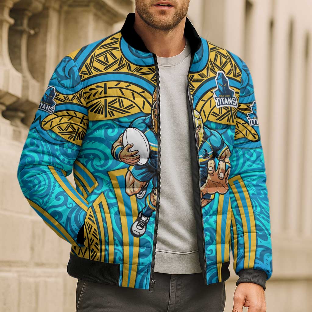 Gold Coast Titans Rugby Bomber Puffer Jacket Polynesian Tribal Spartan Warrior Blue Gold Pattern