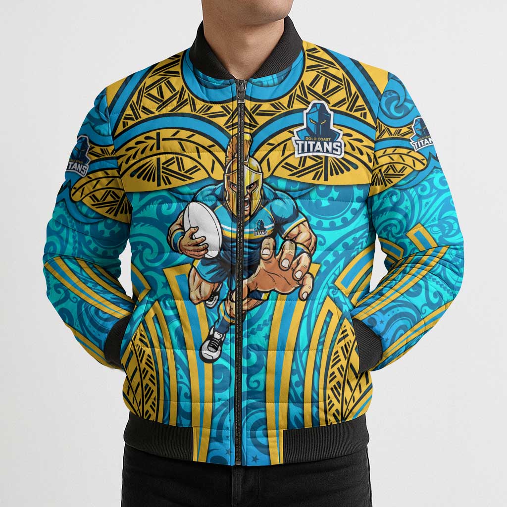Gold Coast Titans Rugby Bomber Puffer Jacket Polynesian Tribal Spartan Warrior Blue Gold Pattern