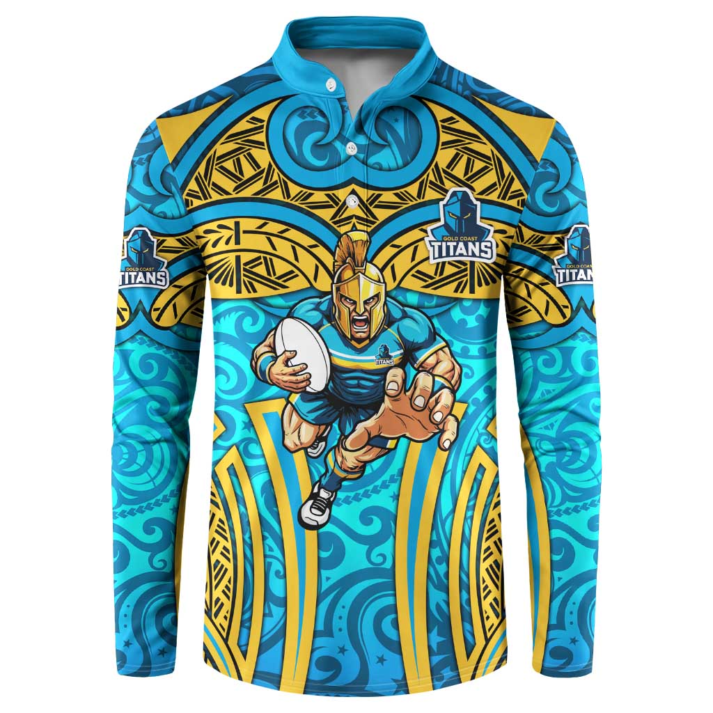 Gold Coast Titans Rugby Button Sweatshirt Polynesian Tribal Spartan Warrior Blue Gold Pattern