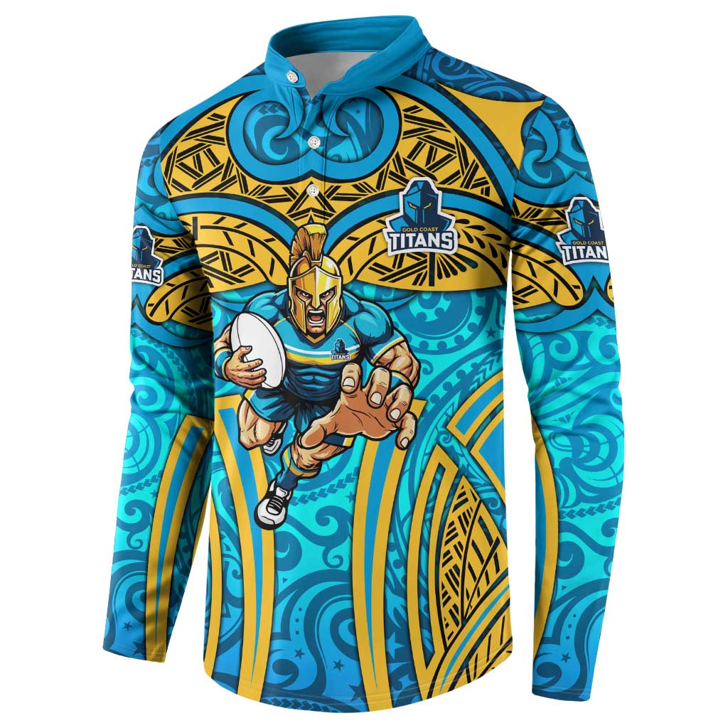 Gold Coast Titans Rugby Button Sweatshirt Polynesian Tribal Spartan Warrior Blue Gold Pattern