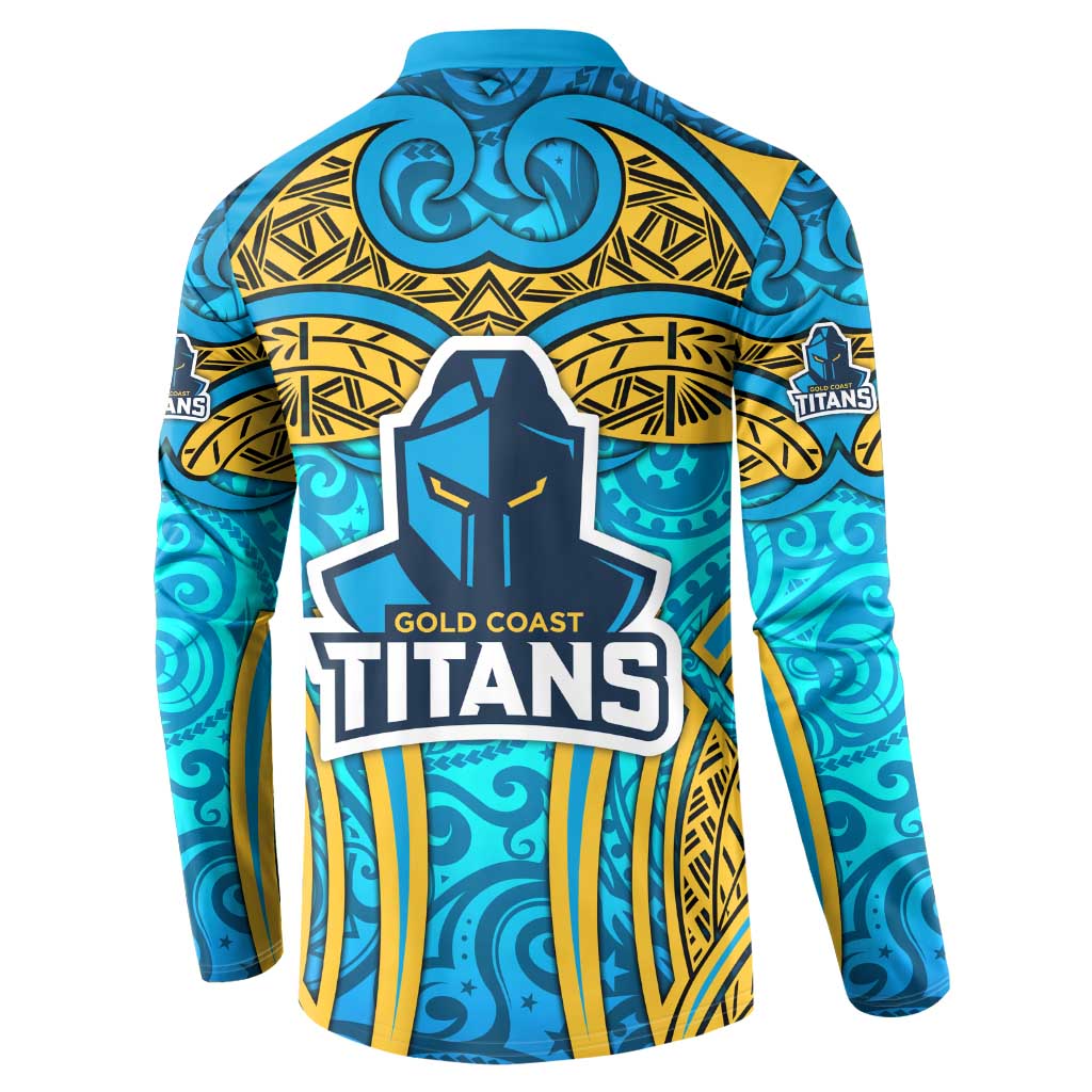 Gold Coast Titans Rugby Button Sweatshirt Polynesian Tribal Spartan Warrior Blue Gold Pattern