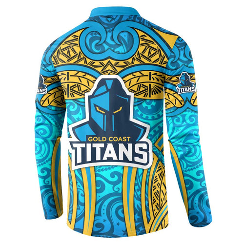 Gold Coast Titans Rugby Button Sweatshirt Polynesian Tribal Spartan Warrior Blue Gold Pattern