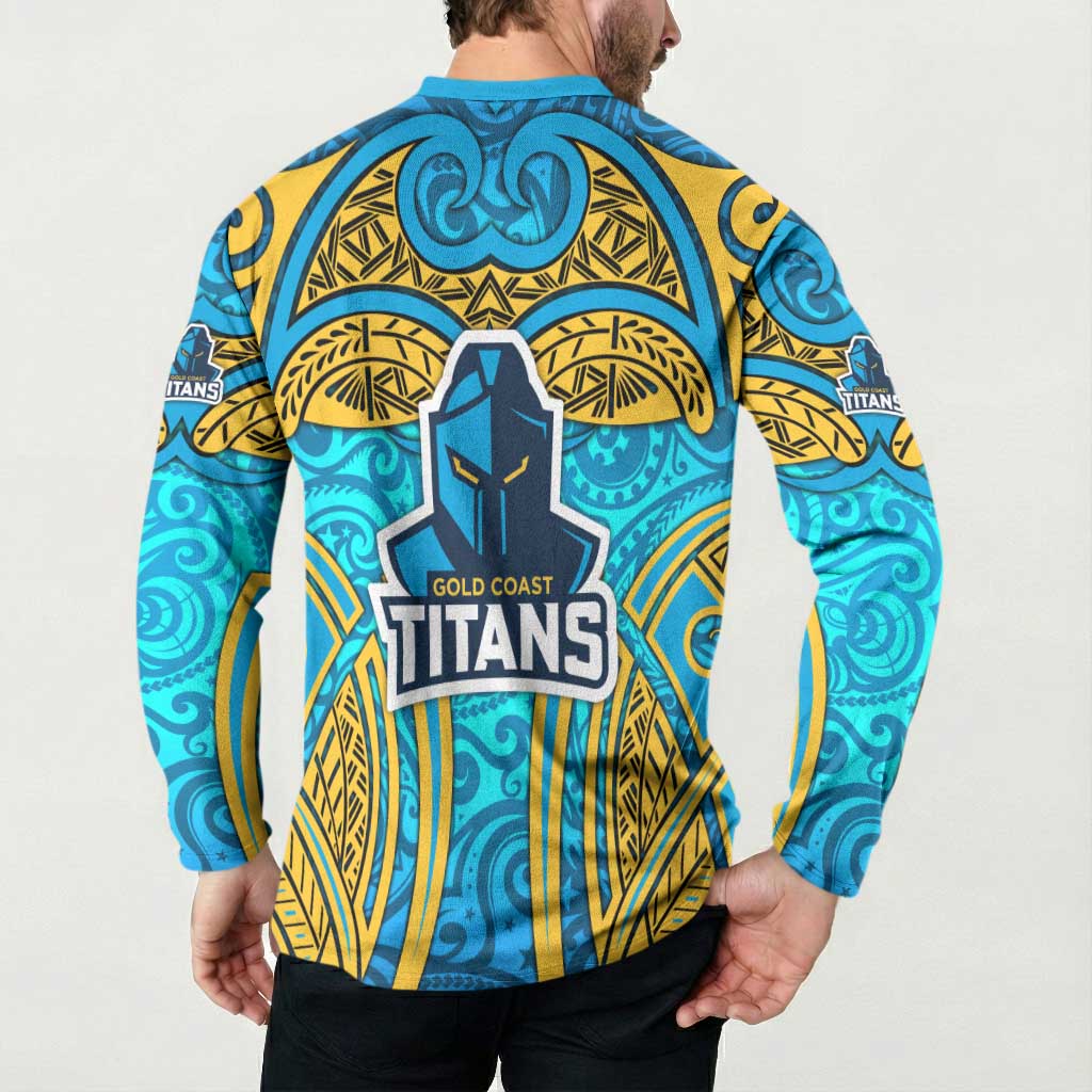 Gold Coast Titans Rugby Button Sweatshirt Polynesian Tribal Spartan Warrior Blue Gold Pattern