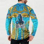 Gold Coast Titans Rugby Button Sweatshirt Polynesian Tribal Spartan Warrior Blue Gold Pattern