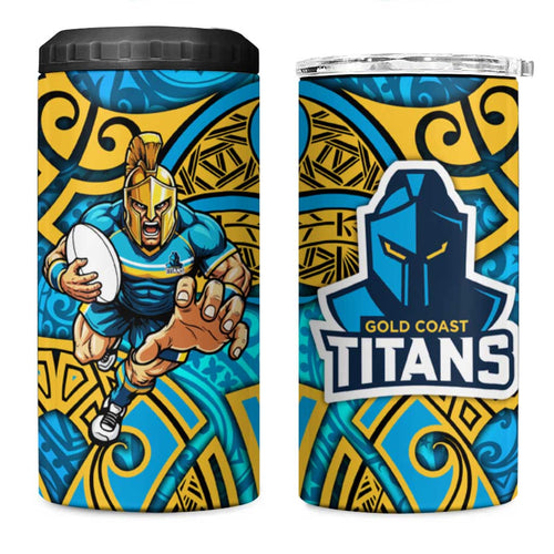 Gold Coast Titans Rugby 4 in 1 Can Cooler Tumbler Polynesian Tribal Spartan Warrior Blue Gold Pattern