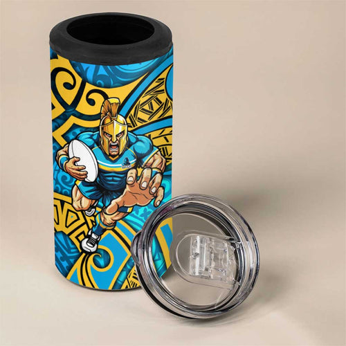 Gold Coast Titans Rugby 4 in 1 Can Cooler Tumbler Polynesian Tribal Spartan Warrior Blue Gold Pattern