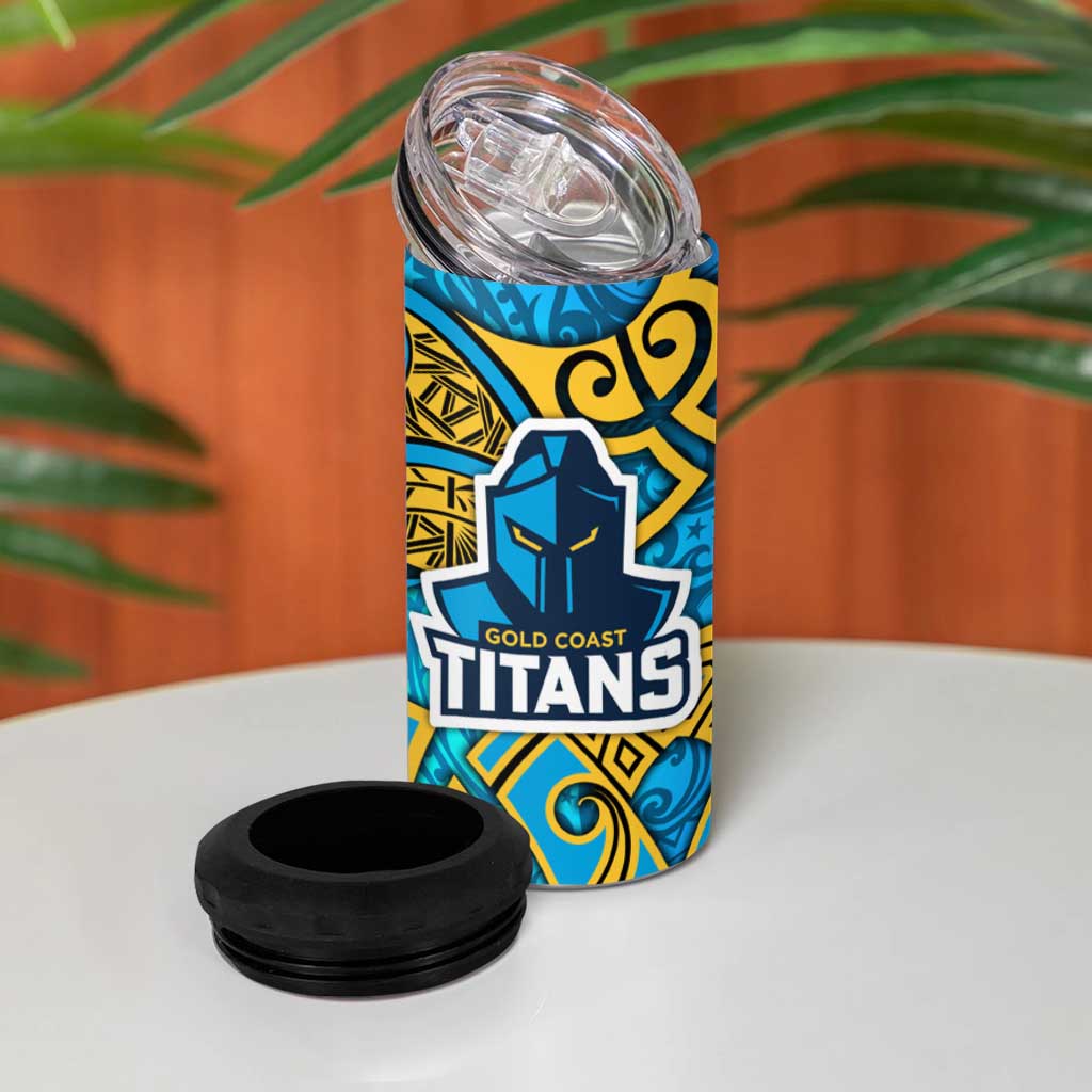 Gold Coast Titans Rugby 4 in 1 Can Cooler Tumbler Polynesian Tribal Spartan Warrior Blue Gold Pattern
