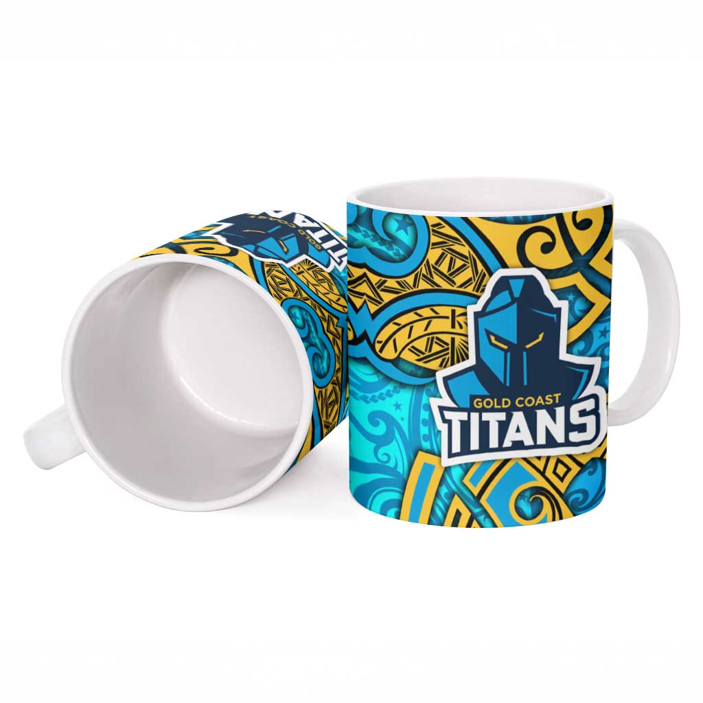 Gold Coast Titans Rugby Ceramic Mug Polynesian Tribal Spartan Warrior Blue Gold Pattern