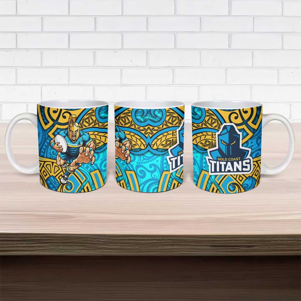 Gold Coast Titans Rugby Ceramic Mug Polynesian Tribal Spartan Warrior Blue Gold Pattern