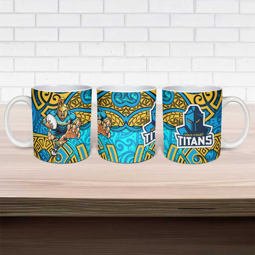Gold Coast Titans Rugby Ceramic Mug Polynesian Tribal Spartan Warrior Blue Gold Pattern