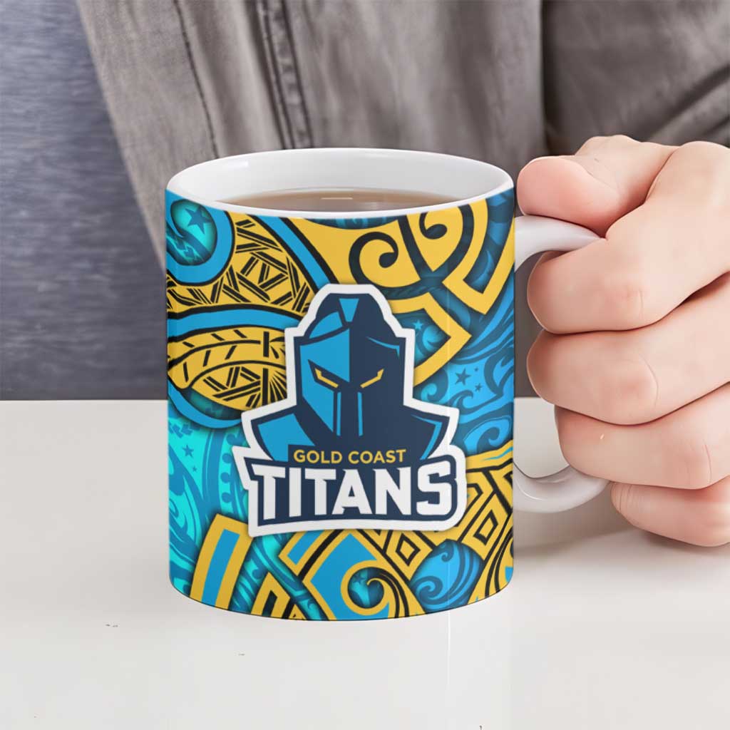 Gold Coast Titans Rugby Ceramic Mug Polynesian Tribal Spartan Warrior Blue Gold Pattern