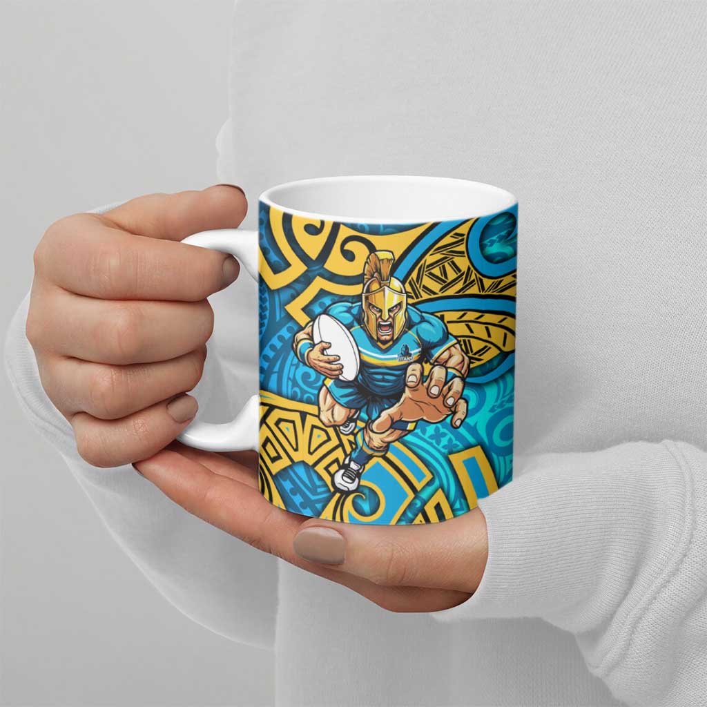 Gold Coast Titans Rugby Ceramic Mug Polynesian Tribal Spartan Warrior Blue Gold Pattern
