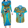 Gold Coast Titans Rugby Couples Matching Long Sleeve Bodycon Dress and Hawaiian Shirt Polynesian Tribal Spartan Warrior Blue Gold Pattern