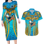 Gold Coast Titans Rugby Couples Matching Long Sleeve Bodycon Dress and Hawaiian Shirt Polynesian Tribal Spartan Warrior Blue Gold Pattern