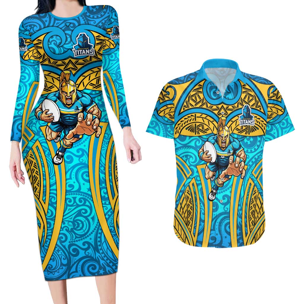 Gold Coast Titans Rugby Couples Matching Long Sleeve Bodycon Dress and Hawaiian Shirt Polynesian Tribal Spartan Warrior Blue Gold Pattern