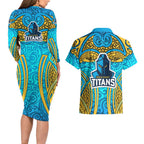 Gold Coast Titans Rugby Couples Matching Long Sleeve Bodycon Dress and Hawaiian Shirt Polynesian Tribal Spartan Warrior Blue Gold Pattern