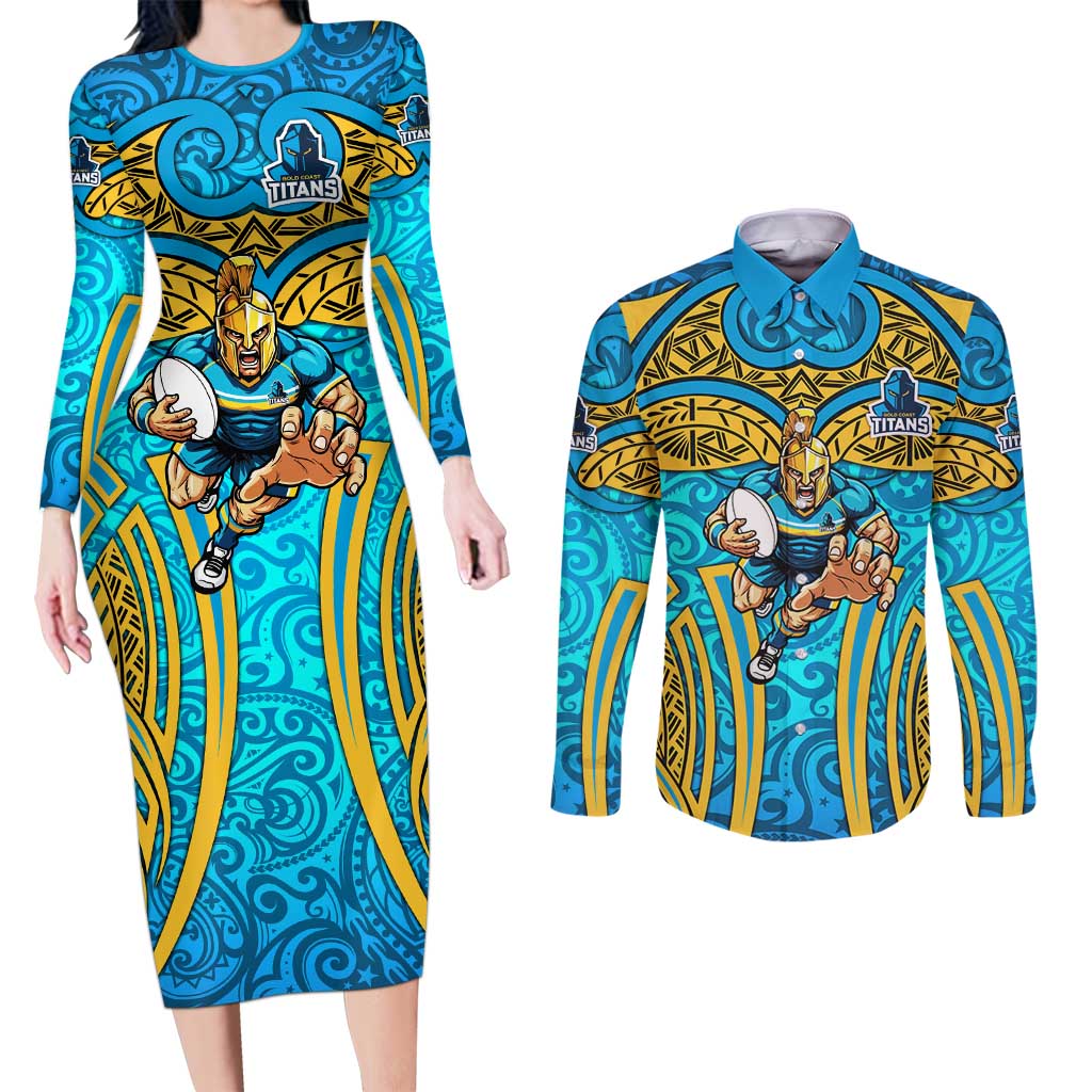 Gold Coast Titans Rugby Couples Matching Long Sleeve Bodycon Dress and Long Sleeve Button Shirt Polynesian Tribal Spartan Warrior Blue Gold Pattern