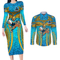 Gold Coast Titans Rugby Couples Matching Long Sleeve Bodycon Dress and Long Sleeve Button Shirt Polynesian Tribal Spartan Warrior Blue Gold Pattern