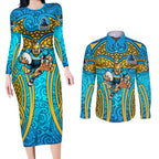 Gold Coast Titans Rugby Couples Matching Long Sleeve Bodycon Dress and Long Sleeve Button Shirt Polynesian Tribal Spartan Warrior Blue Gold Pattern