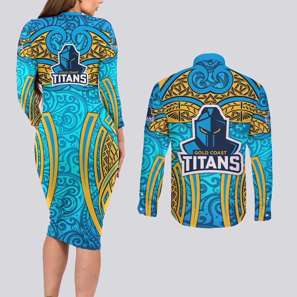 Gold Coast Titans Rugby Couples Matching Long Sleeve Bodycon Dress and Long Sleeve Button Shirt Polynesian Tribal Spartan Warrior Blue Gold Pattern