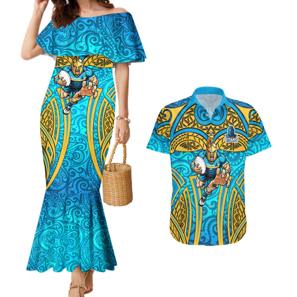 Gold Coast Titans Rugby Couples Matching Mermaid Dress and Hawaiian Shirt Polynesian Tribal Spartan Warrior Blue Gold Pattern