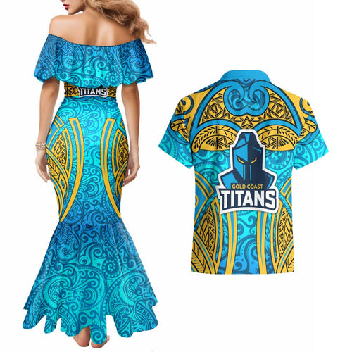 Gold Coast Titans Rugby Couples Matching Mermaid Dress and Hawaiian Shirt Polynesian Tribal Spartan Warrior Blue Gold Pattern