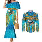 Gold Coast Titans Rugby Couples Matching Mermaid Dress and Long Sleeve Button Shirt Polynesian Tribal Spartan Warrior Blue Gold Pattern