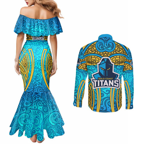 Gold Coast Titans Rugby Couples Matching Mermaid Dress and Long Sleeve Button Shirt Polynesian Tribal Spartan Warrior Blue Gold Pattern