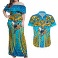 Gold Coast Titans Rugby Couples Matching Off Shoulder Maxi Dress and Hawaiian Shirt Polynesian Tribal Spartan Warrior Blue Gold Pattern