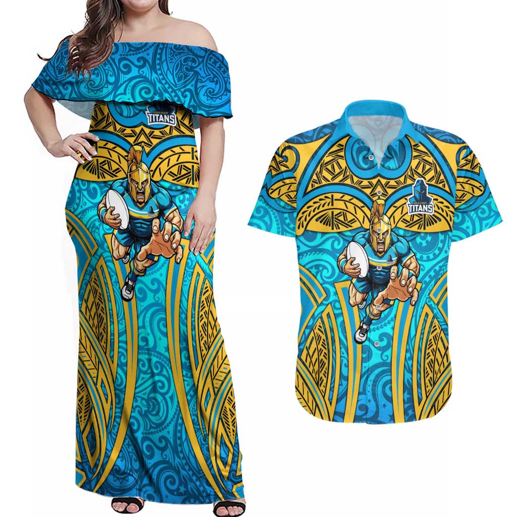 Gold Coast Titans Rugby Couples Matching Off Shoulder Maxi Dress and Hawaiian Shirt Polynesian Tribal Spartan Warrior Blue Gold Pattern