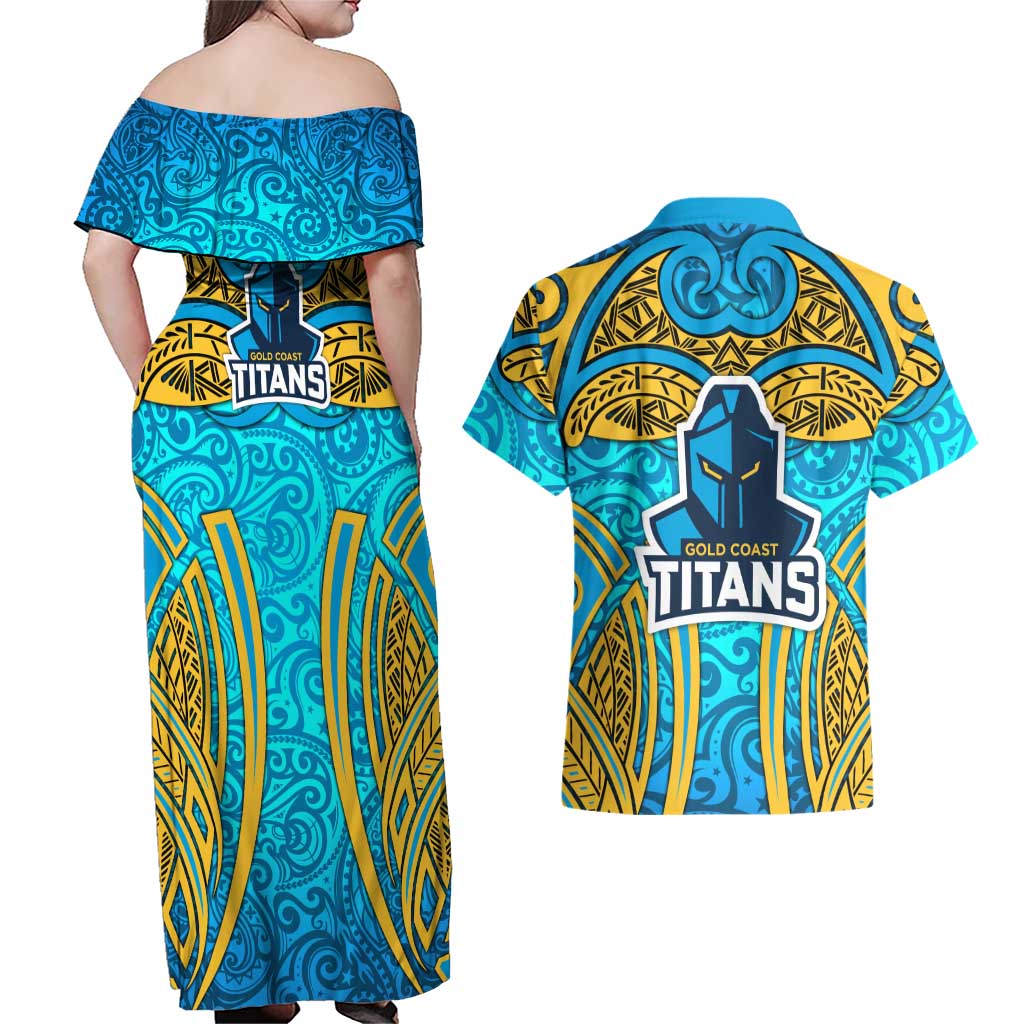 Gold Coast Titans Rugby Couples Matching Off Shoulder Maxi Dress and Hawaiian Shirt Polynesian Tribal Spartan Warrior Blue Gold Pattern