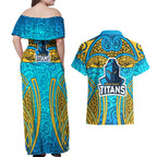 Gold Coast Titans Rugby Couples Matching Off Shoulder Maxi Dress and Hawaiian Shirt Polynesian Tribal Spartan Warrior Blue Gold Pattern