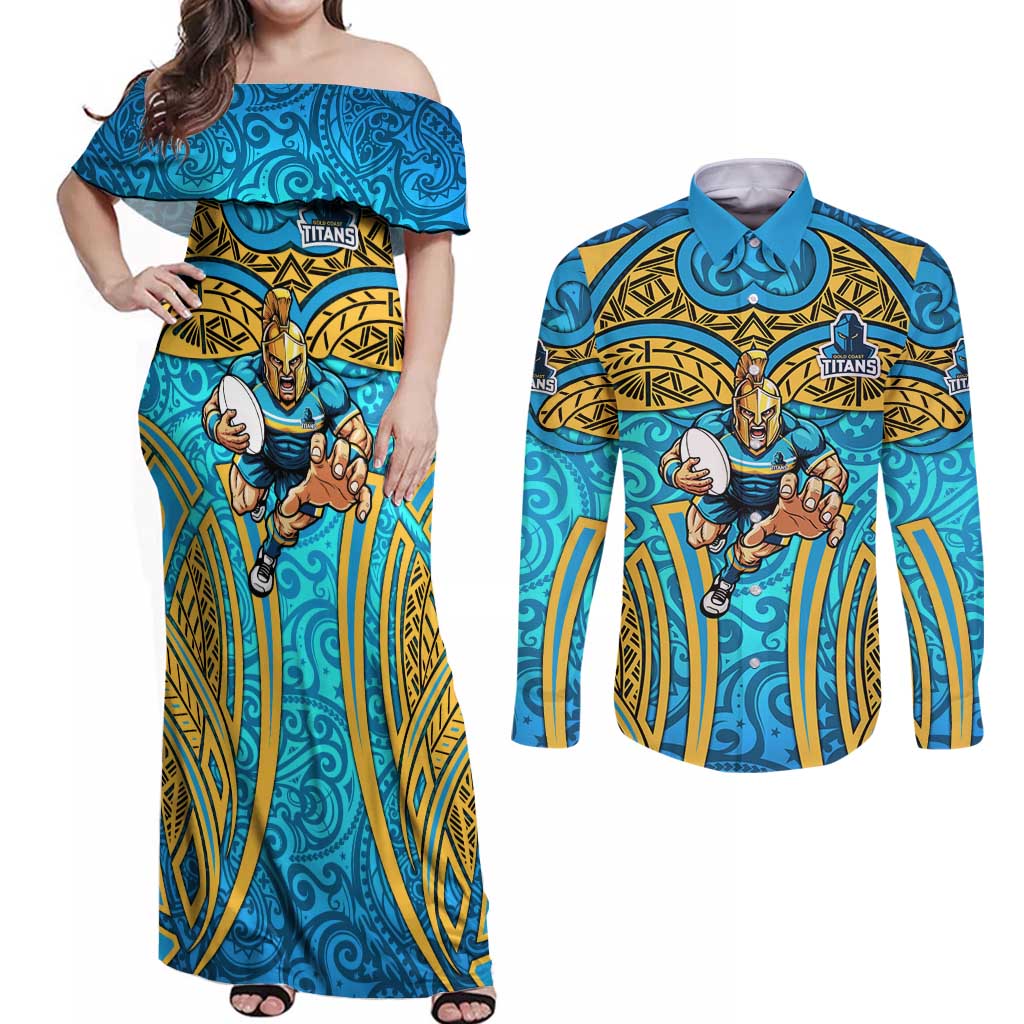 Gold Coast Titans Rugby Couples Matching Off Shoulder Maxi Dress and Long Sleeve Button Shirt Polynesian Tribal Spartan Warrior Blue Gold Pattern