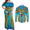 Gold Coast Titans Rugby Couples Matching Off Shoulder Maxi Dress and Long Sleeve Button Shirt Polynesian Tribal Spartan Warrior Blue Gold Pattern