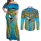 Gold Coast Titans Rugby Couples Matching Off Shoulder Maxi Dress and Long Sleeve Button Shirt Polynesian Tribal Spartan Warrior Blue Gold Pattern