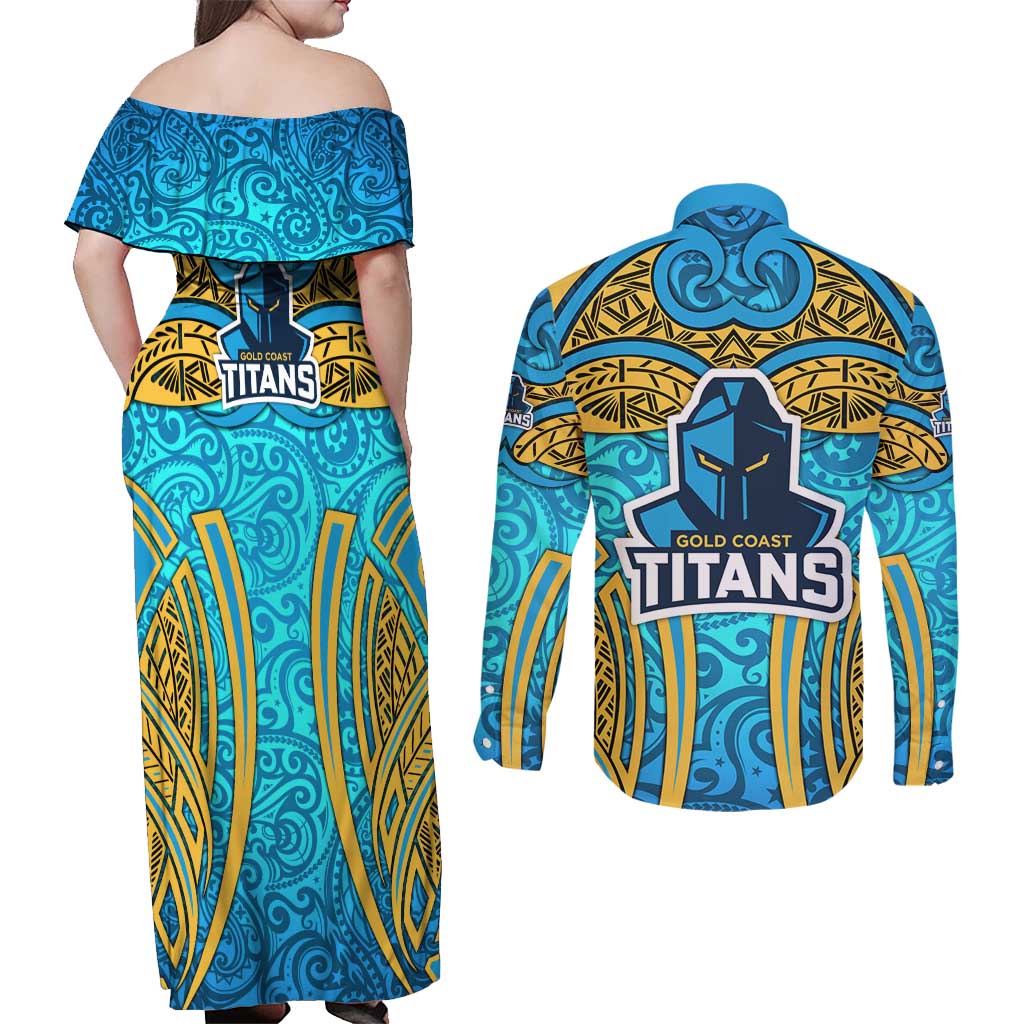 Gold Coast Titans Rugby Couples Matching Off Shoulder Maxi Dress and Long Sleeve Button Shirt Polynesian Tribal Spartan Warrior Blue Gold Pattern