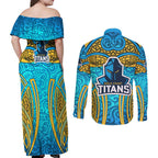 Gold Coast Titans Rugby Couples Matching Off Shoulder Maxi Dress and Long Sleeve Button Shirt Polynesian Tribal Spartan Warrior Blue Gold Pattern