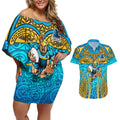 Gold Coast Titans Rugby Couples Matching Off Shoulder Short Dress and Hawaiian Shirt Polynesian Tribal Spartan Warrior Blue Gold Pattern