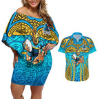 Gold Coast Titans Rugby Couples Matching Off Shoulder Short Dress and Hawaiian Shirt Polynesian Tribal Spartan Warrior Blue Gold Pattern