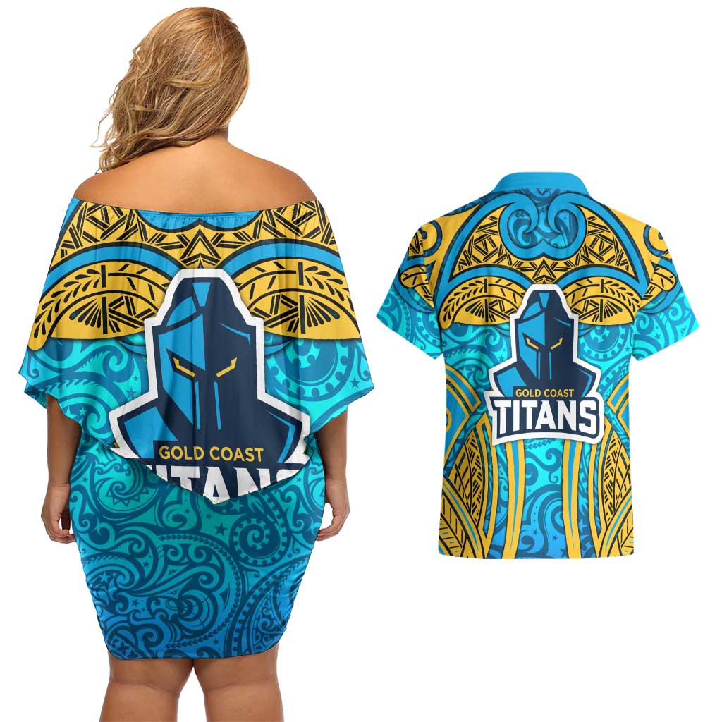 Gold Coast Titans Rugby Couples Matching Off Shoulder Short Dress and Hawaiian Shirt Polynesian Tribal Spartan Warrior Blue Gold Pattern