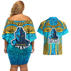 Gold Coast Titans Rugby Couples Matching Off Shoulder Short Dress and Hawaiian Shirt Polynesian Tribal Spartan Warrior Blue Gold Pattern